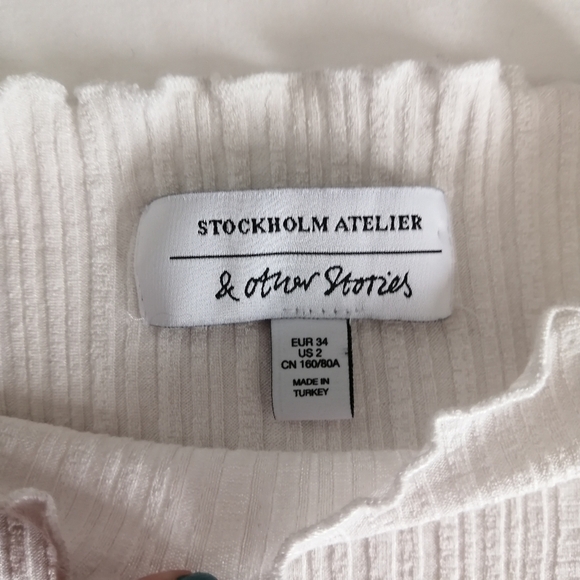 & Other Stories White Ribbed Top Elbow Sleeves Y2K Lettuce Hem 2 - Picture 11 of 16